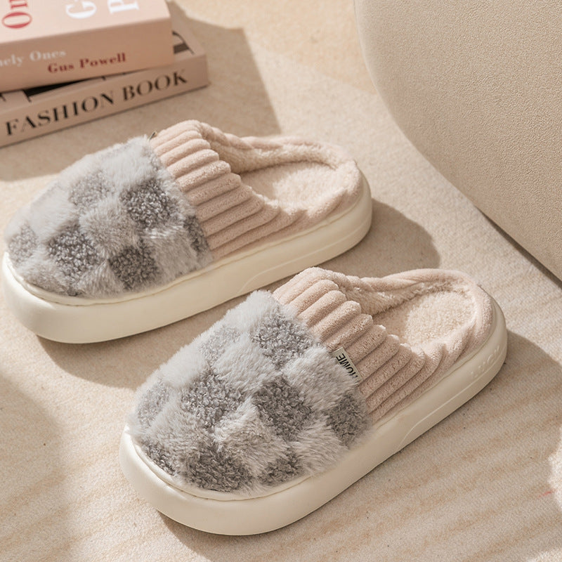 Plaid Plush House Slippers — Warm Non-Slip Couple Shoes — PuraVeil