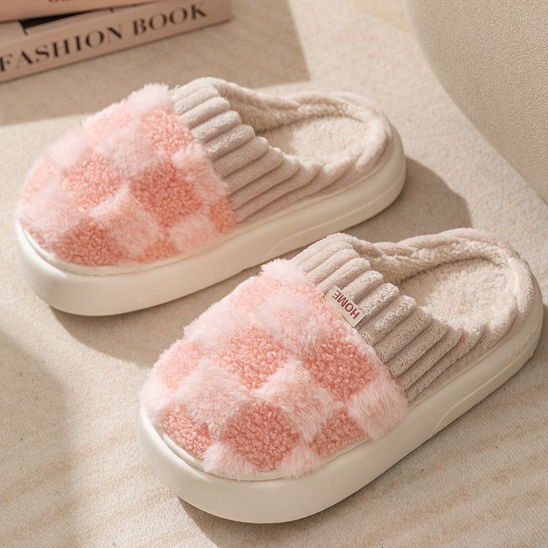 Plaid Plush House Slippers — Warm Non-Slip Couple Shoes — PuraVeil
