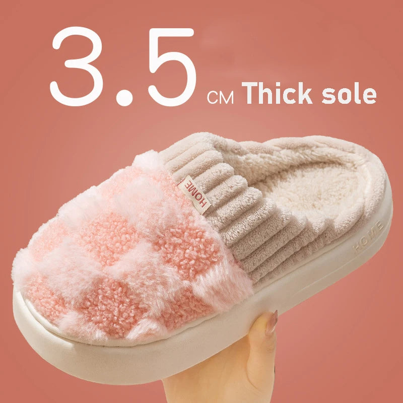 Plaid Plush House Slippers — Warm Non-Slip Couple Shoes — PuraVeil