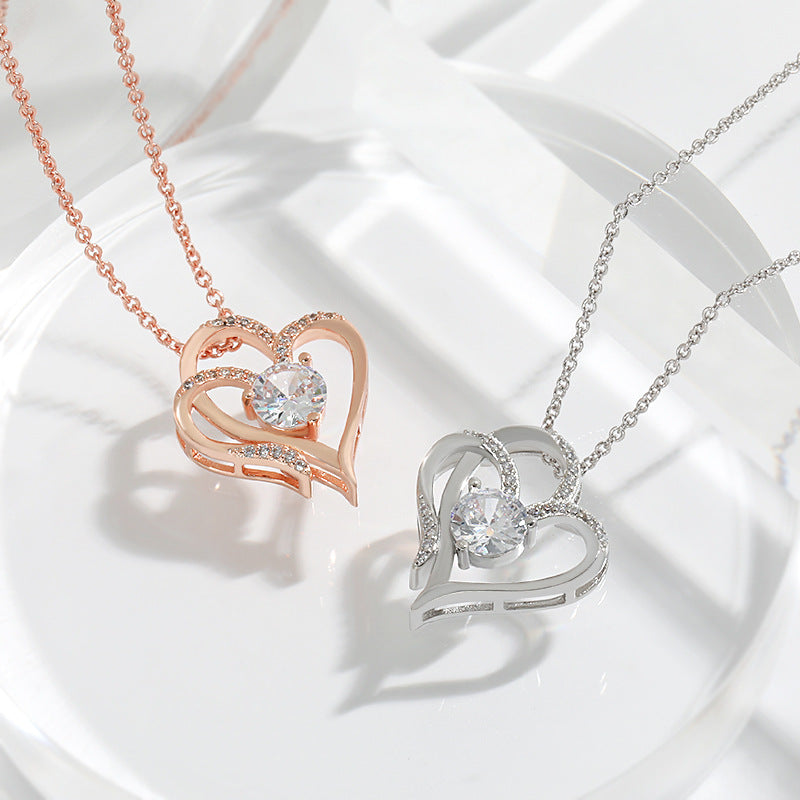 Double-Layer Love Heart Necklace with Rhinestone Pendant — PuraVeil
