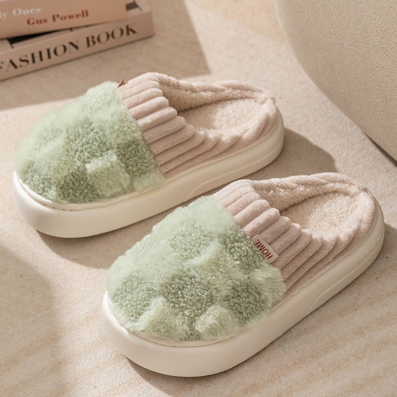 Plaid Plush House Slippers — Warm Non-Slip Couple Shoes — PuraVeil