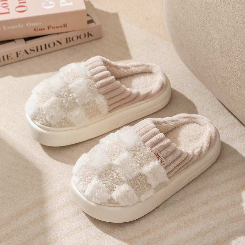 Plaid Plush House Slippers — Warm Non-Slip Couple Shoes — PuraVeil