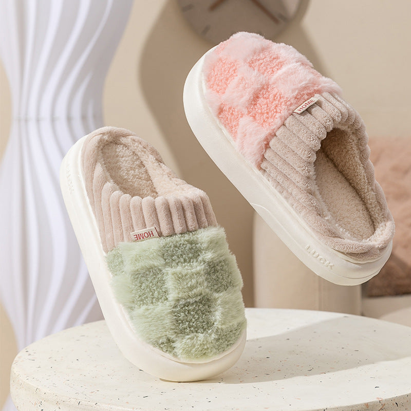 Plaid Plush House Slippers — Warm Non-Slip Couple Shoes — PuraVeil