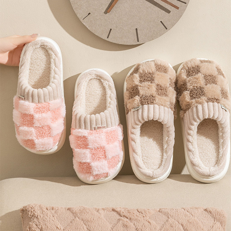 Plaid Plush House Slippers — Warm Non-Slip Couple Shoes — PuraVeil