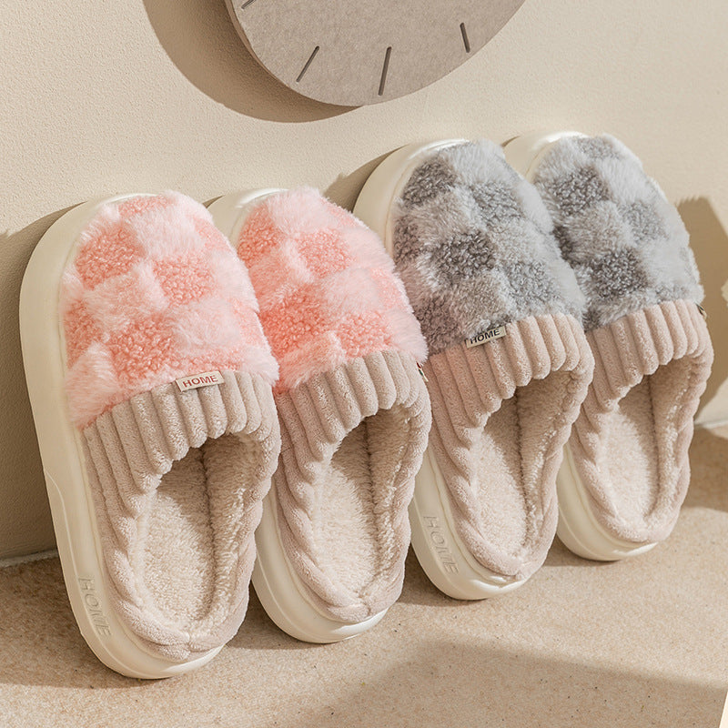 Plaid Plush House Slippers — Warm Non-Slip Couple Shoes — PuraVeil